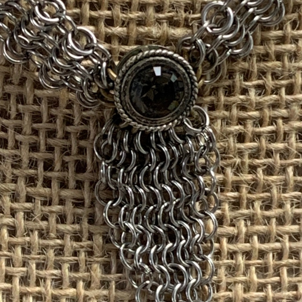Handmade Chainmail Choker Necklace Silver Tone Smoky Grey Rhinestone Fringe 14in